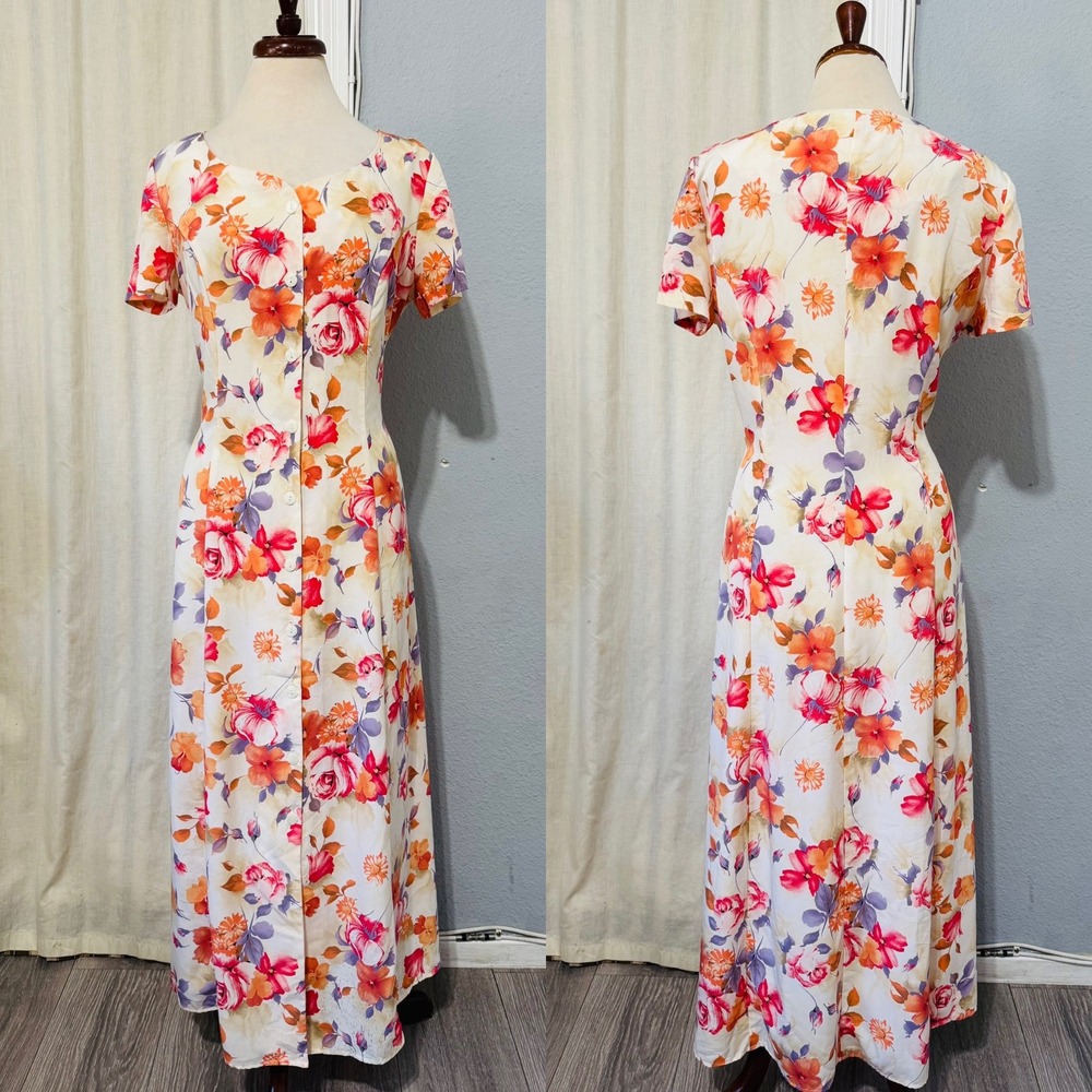 Vintage 90s Renzo Armoni Floral Button Front Maxi Unlined Dress‎ Women Size 12